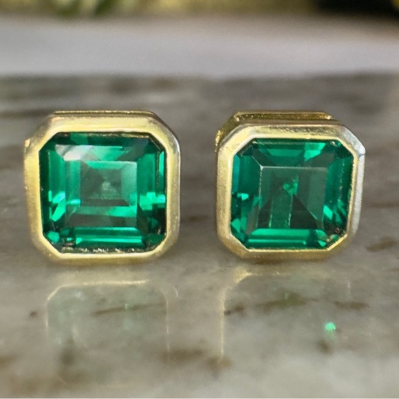 18k Gold & 925 Asscher Cut Emerald Studs Bezel Set Geometric Statement Earrings - Picture 9 of 9